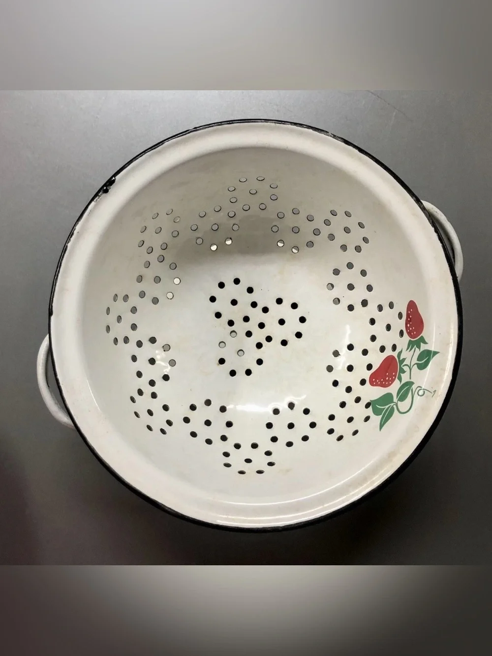 Vintage Teleflora White Enamel Strawberry Colander with Red & Green Motif